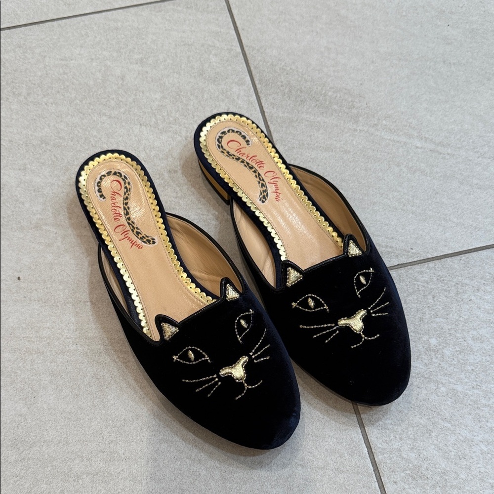 Charlotte Olympia Black and Gold Cat Mules